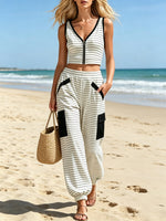 Women's Striped Art Comfortable Casual Stylish Top And Pants Cotton Linen Two-piece Set