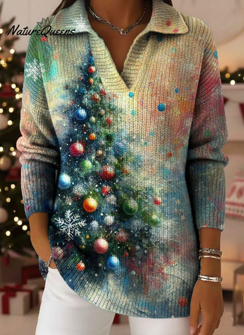 Christmas Tree Bow Art Pattern Art Polo Collar Shiny Loose Sweater Top