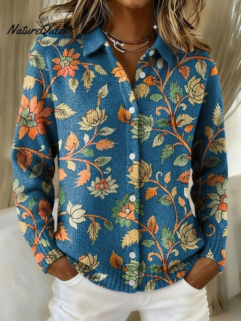 Women's Retro Floral Pattern Art Print Cowl Neck Sweater