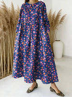 Women's Floral Art Print Peter Pan Collar Long-sleeved Loose Casual Denim Dress