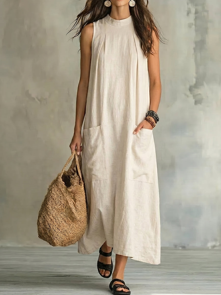 Women's Stand-collar Sleeveless Cotton-linen Dress