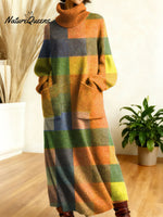 Women's Retro Colors And Plaid Patterns Art High-neck Long-sleeve Casual Loose Knit Dress