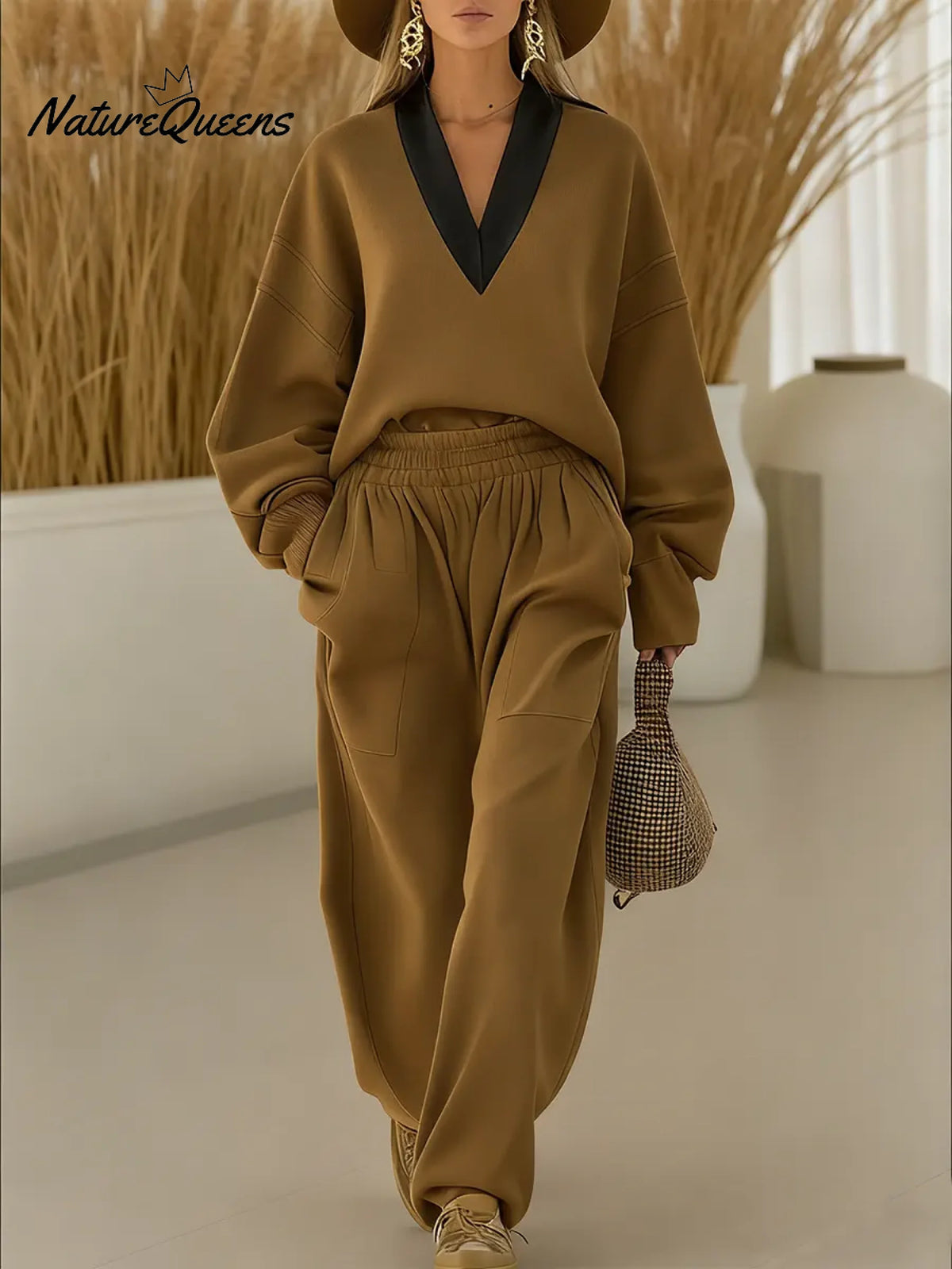 Women's Color Block V-neck Long-sleeve Casual Loose Sweatshirt With Elastic Waist And Wide-leg Pants Set