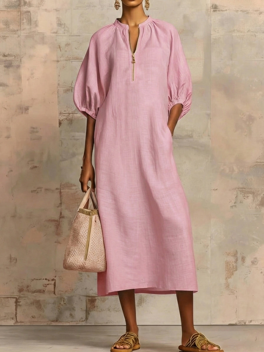 Stylish Zippered Loose Linen-cotton Midi Dress