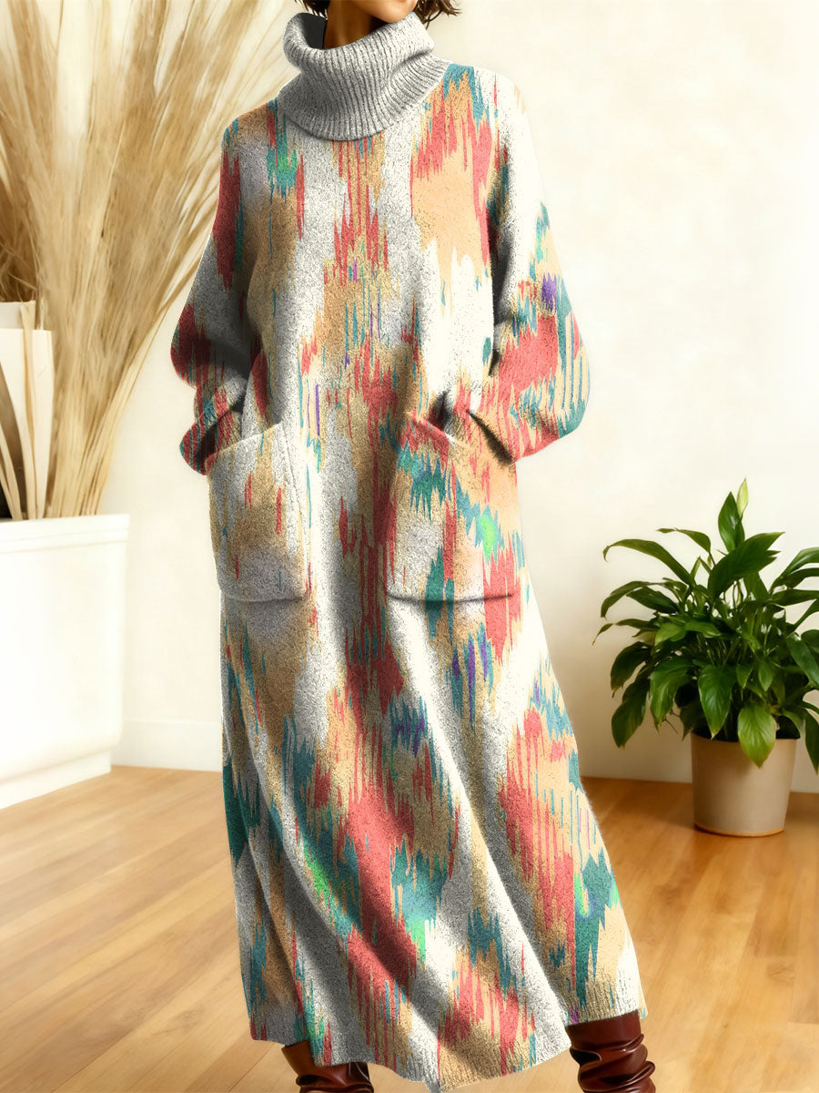 Women's Retro Abstract Geometric Colorful Splicing Patterns Art High-neck Long-sleeve Casual Loose Knit Dress