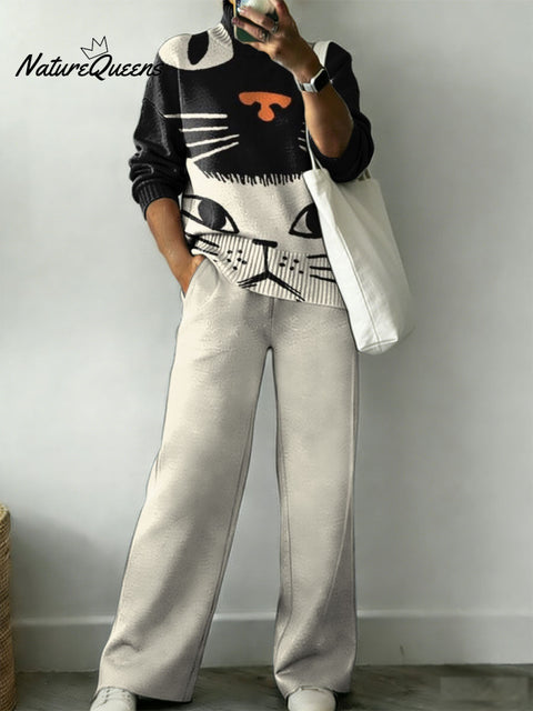 Cute Black And White Cat Decorative Pattern Casual Stand Collar Long Sleeve Top And Elastic Waistband Pants