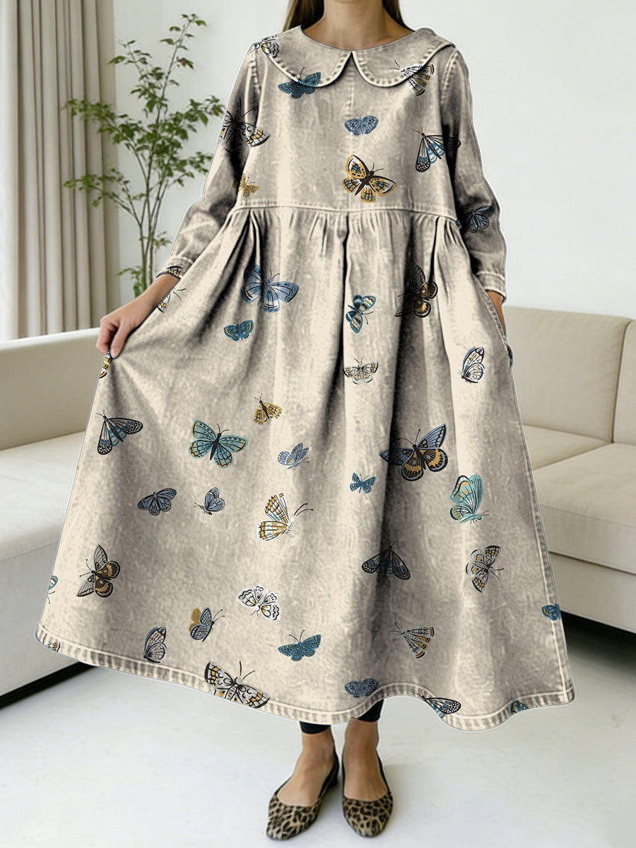 Dreamy Butterfly Decorative Pattern Women's Casual Peter Pan Collar Long Sleeve Dress