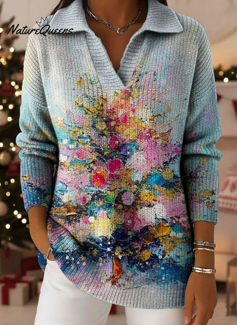 Color Christmas Tree Art Pattern Art Polo Collar Shiny Loose Sweater Top
