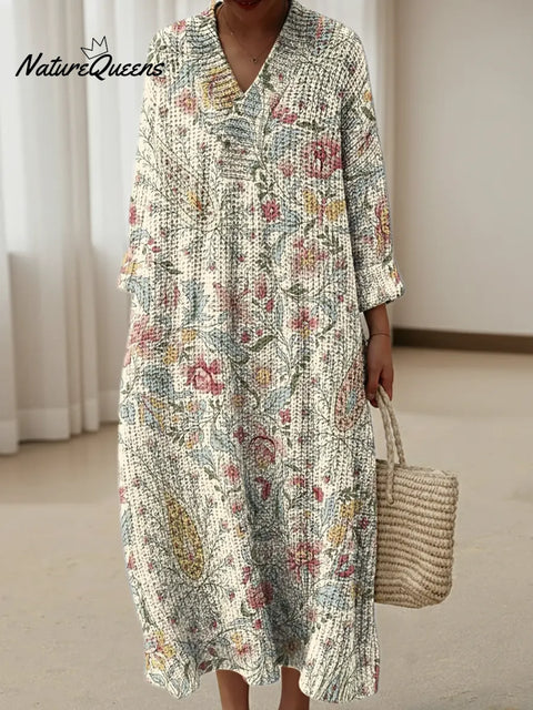 Retro Paisley Pattern Print Knitted V-neck Dress