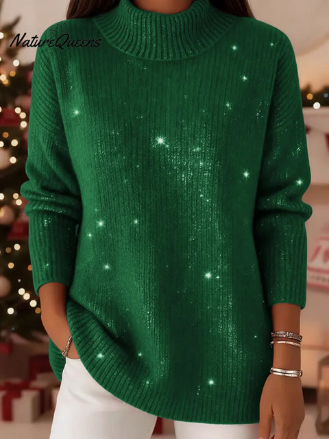 Women's Solid Color Stand Collar Casual Loose Sequined Knit Sweater