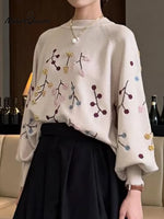 Women's Cozy Three-dimensional Embroidered And Beaded Pullover Sweater