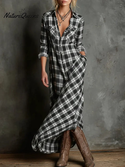 Women's Plaid Print Shirt Collar Long-sleeved Casual Loose Shirt Dress