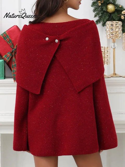 Women's Christmas Solid Color Sparkling Knit Dress and Bow Two-Piece Set
