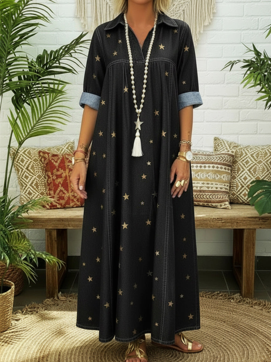 Casual Polo Collar Gold Star Print Denim Dress