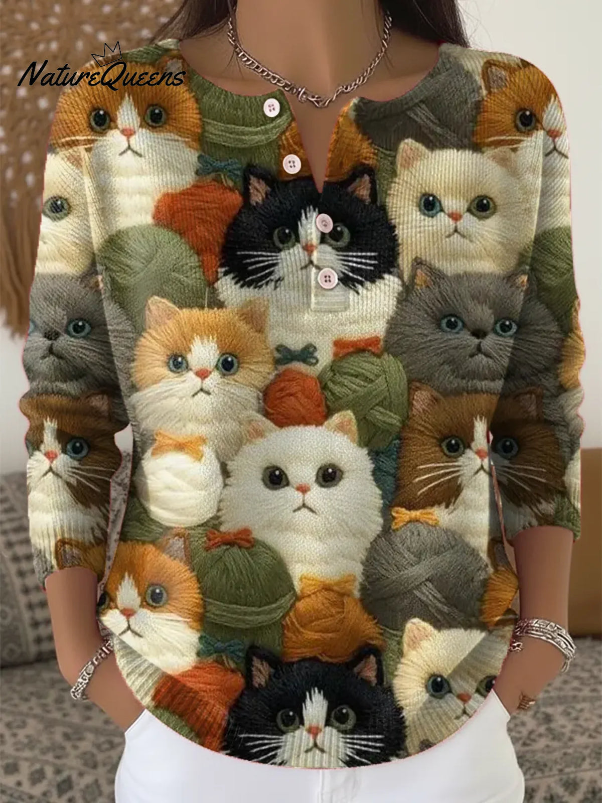 Women's Funny Cats Pattern Art Print Casual Cardigan Sweater