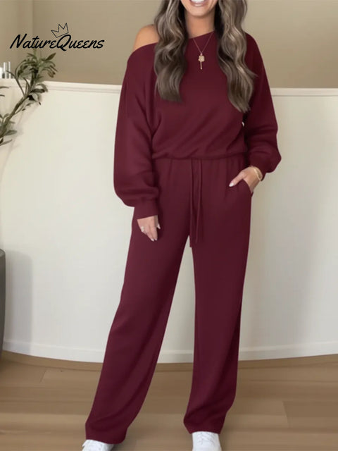 Cozy Travel Off-shoulder Sweatshirt And Pants Two-piece Set