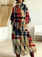 Women's Vintage Plaid Art Print Casual Cotton Knitted Dress