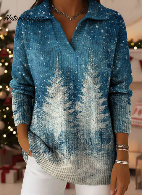Christmas Tree Scenery Pattern Art Polo Collar Shiny Loose Sweater Top