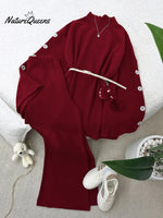 Women's Solid Color High-neck Long-sleeve Casual Loose Knit Top And High-waisted Wide-leg Pants Set