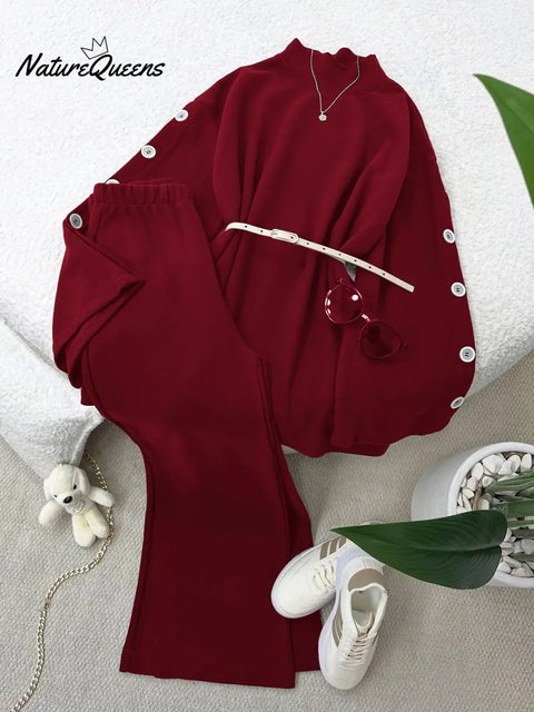 Women's Solid Color High-neck Long-sleeve Casual Loose Knit Top And High-waisted Wide-leg Pants Set