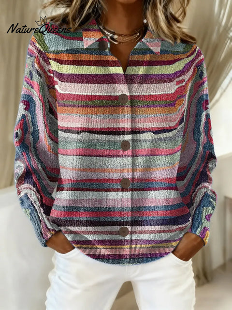 Women's Striped Pattern Art Print Casual Cotton Knitted Sweater