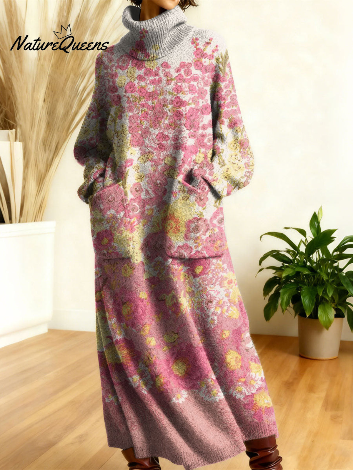 Women's Retro Flowers High-neck Long-sleeve Casual Loose Knit Dress
