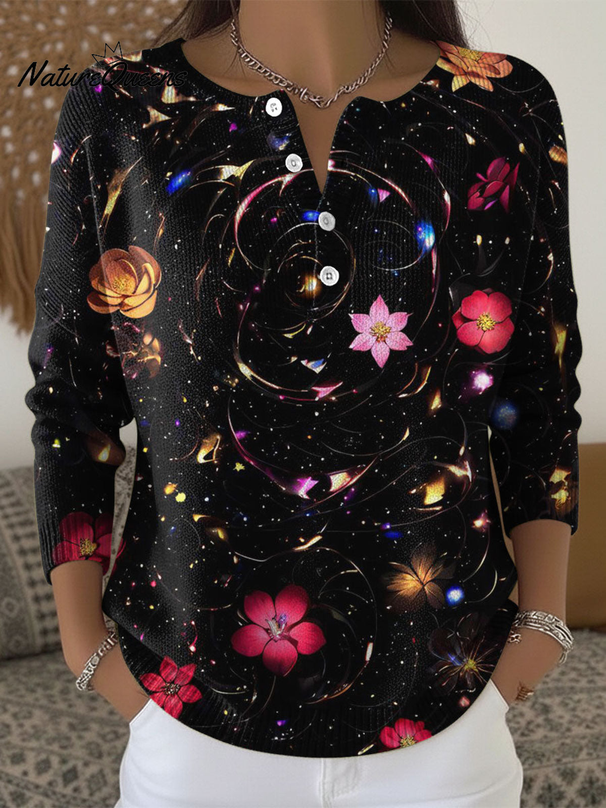 Women's Color Flowers Black Pattern Art Print Buttoned Cardigan Sweater