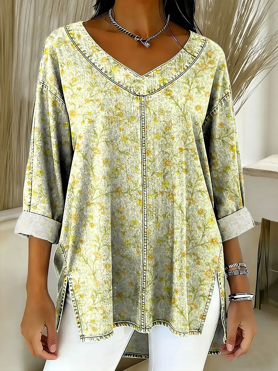 Women's Retro Gradient Flowers Floral Art Patterns Casual Washed Denim Cotton Top