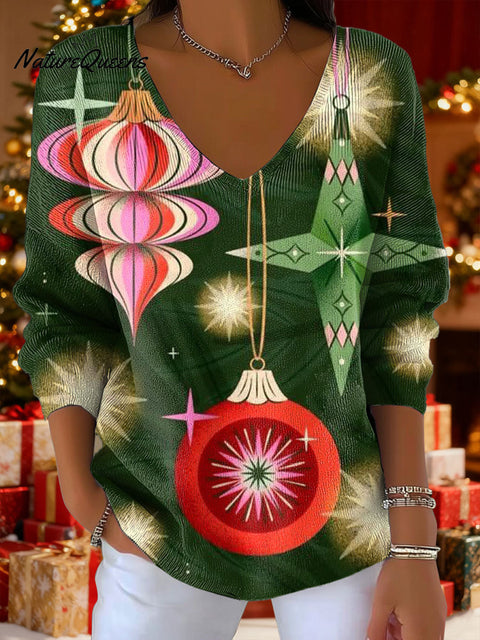 Women's Christmas Pattern Snow Lanterns Art Pattern Art Print V-neck Solid Color Loose Shiny Sweater