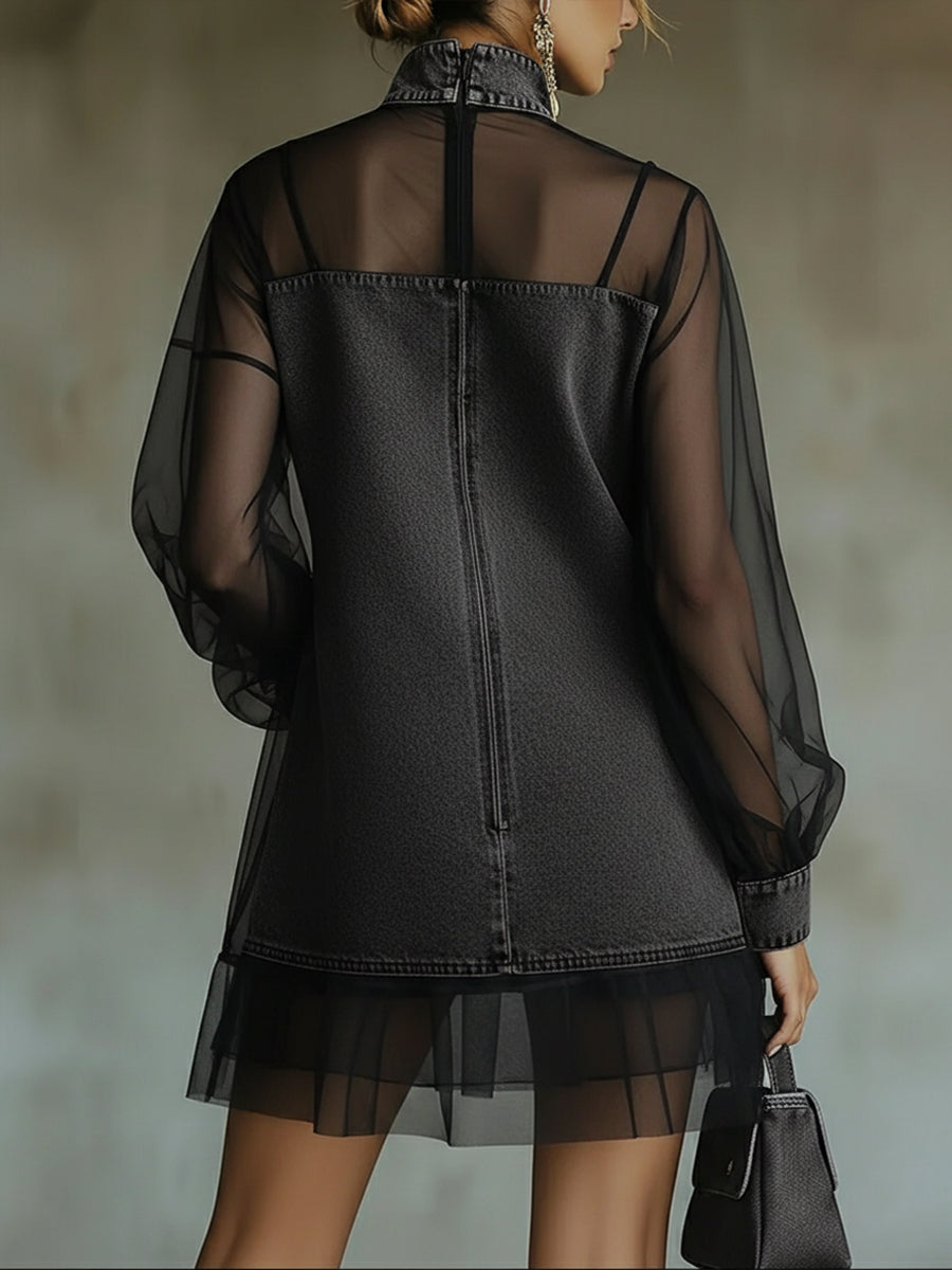 Fashionable Patchwork Organza Denim Mini Dress