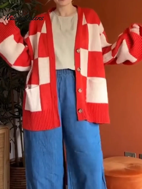 Women's Comfortable Red Plaid Cardigan Sweater