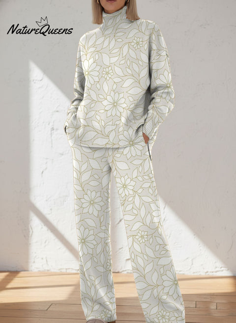 Simple Line Drawing Of Flowers And Plants Decorative Patterns Casual Stand Collar Long Sleeve Top And Pants