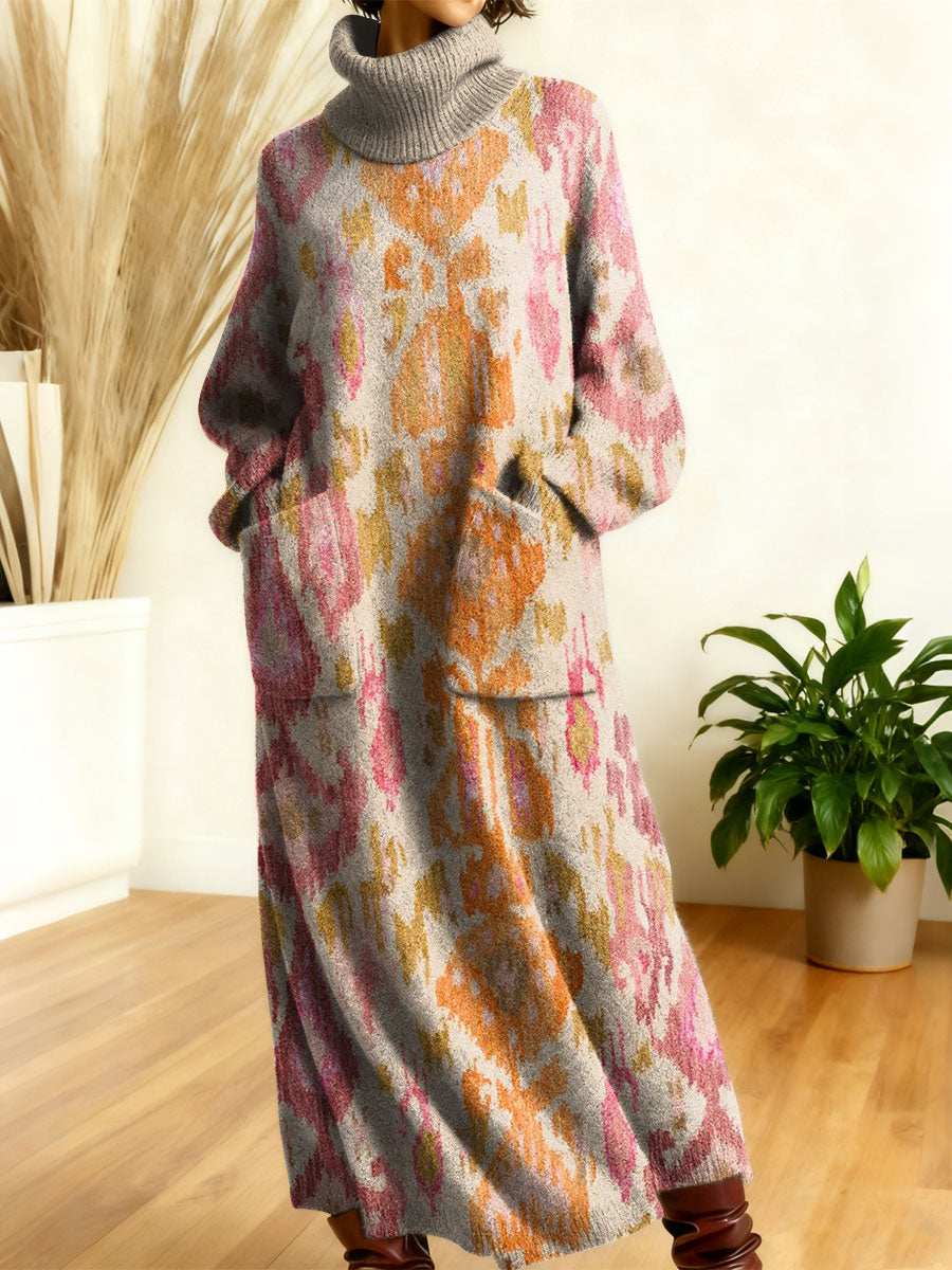 Women's Retro Abstract Geometric Colorful Splicing Patterns Art High-neck Long-sleeve Casual Loose Knit Dress