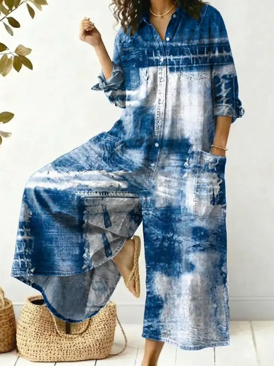 Women's Vintage Pattern Art Print Casual Cotton Denim Jumpsuit