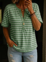 Cozy And Casual Henley Collar Striped Cotton T-shirt