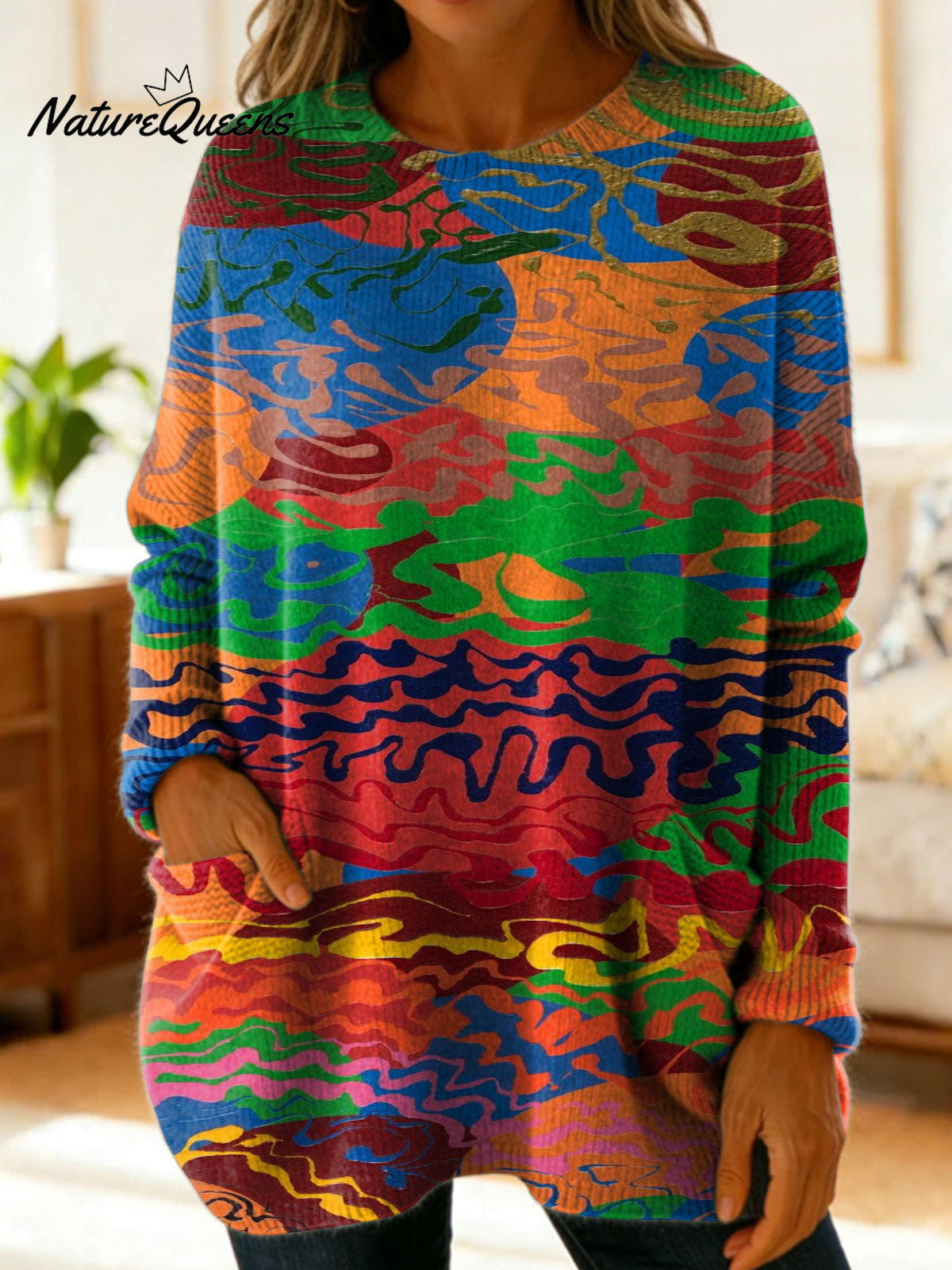 Women's Retro Abstract Pattern Art Print Casual Cotton Knitted Sweater