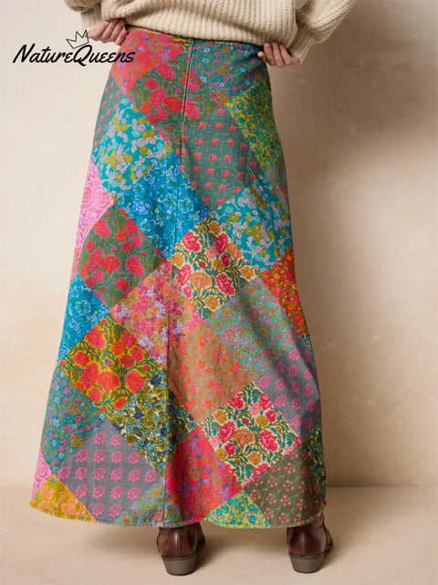 Bohemian Floral Print Patchwork Midi Skirt