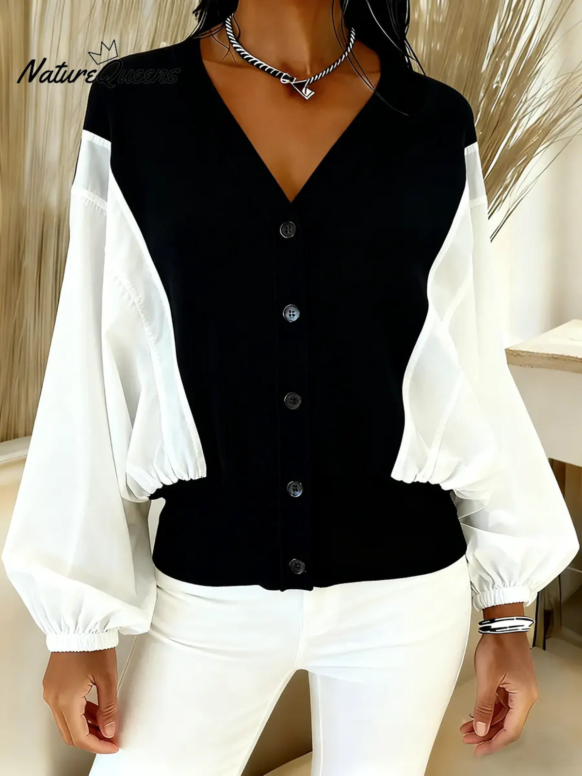 Women's Knitted Patchwork White Woven Fabric Batwing Sleeve Cardigan