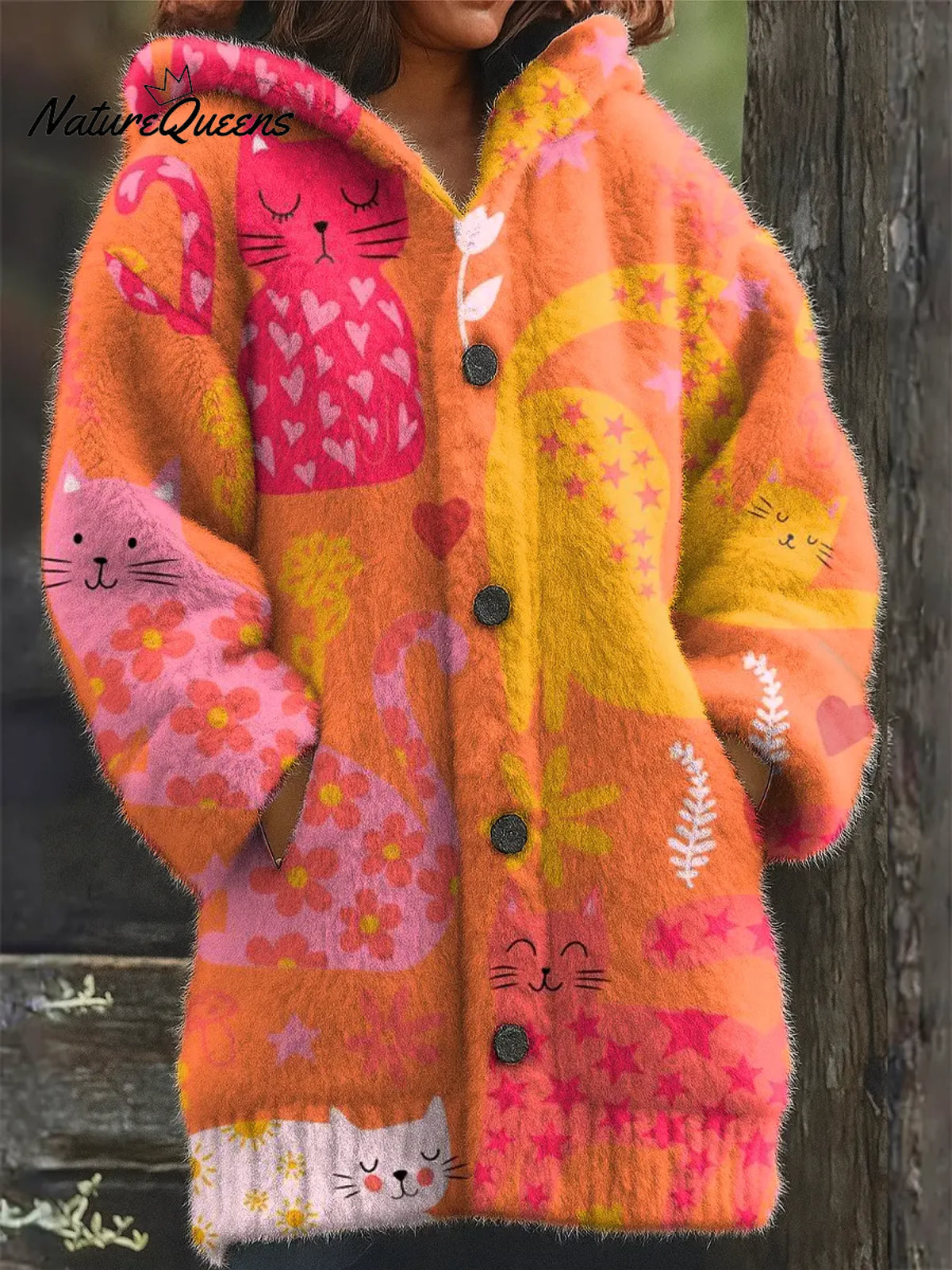 Women's Funny Cats Pattern Art Print Casual Fleece Coat