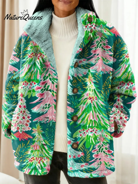 Women's Christmas Tree Pattern Art Print Casual Sherpa Coat