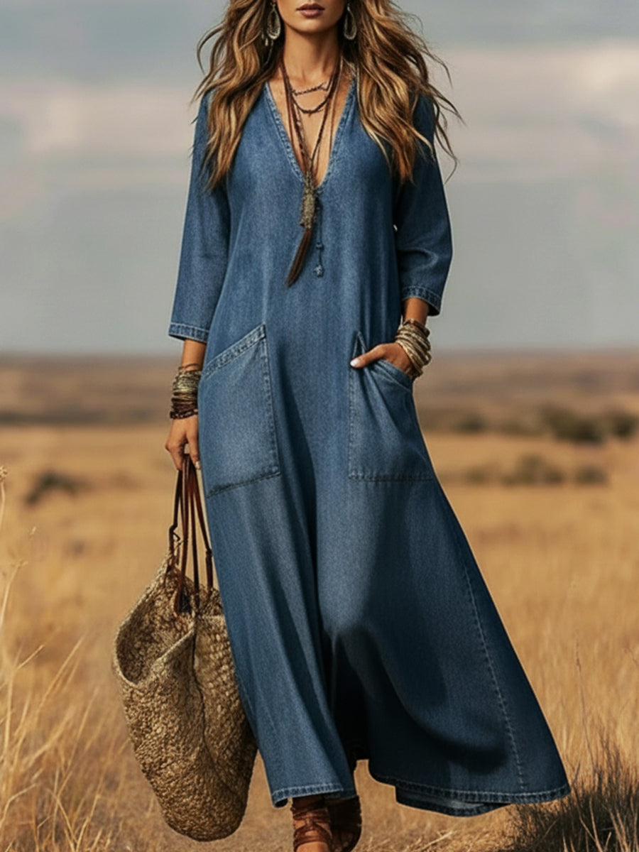 Casual V-neck Patch Pockets Denim Dress