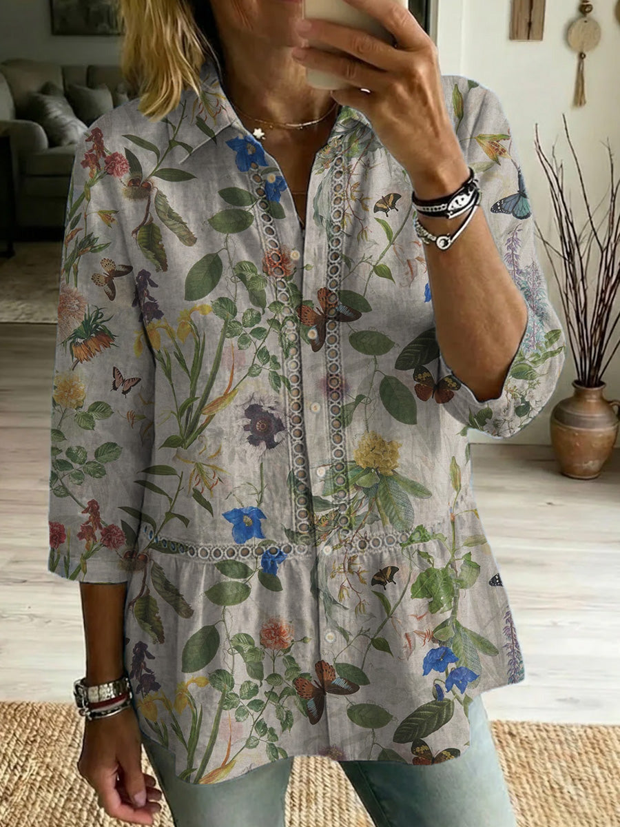 Pastoral-style Retro Butterfly & Floral Top — Loose-fit, Slimming, Cutout-paneled Shirt With Turn-down Collar