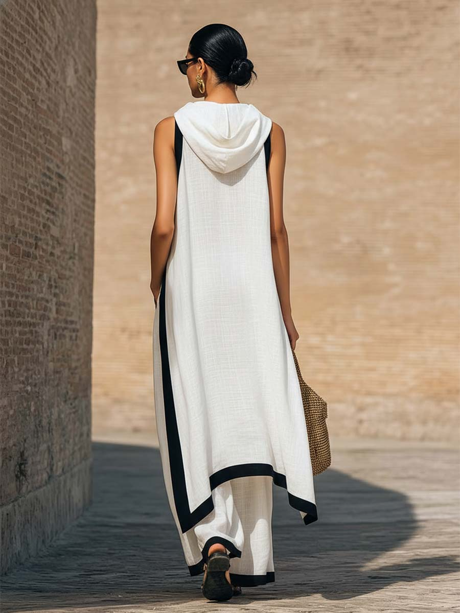 Artistic Cut Trim Elegant Linen Cotton Two-piece Set