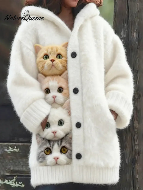 Women's Funny Cats Pattern Art Print Casual Fleece Coat
