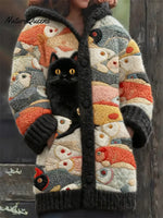 Women's Funny Cat Pattern Art Print Casual Fleece Coat