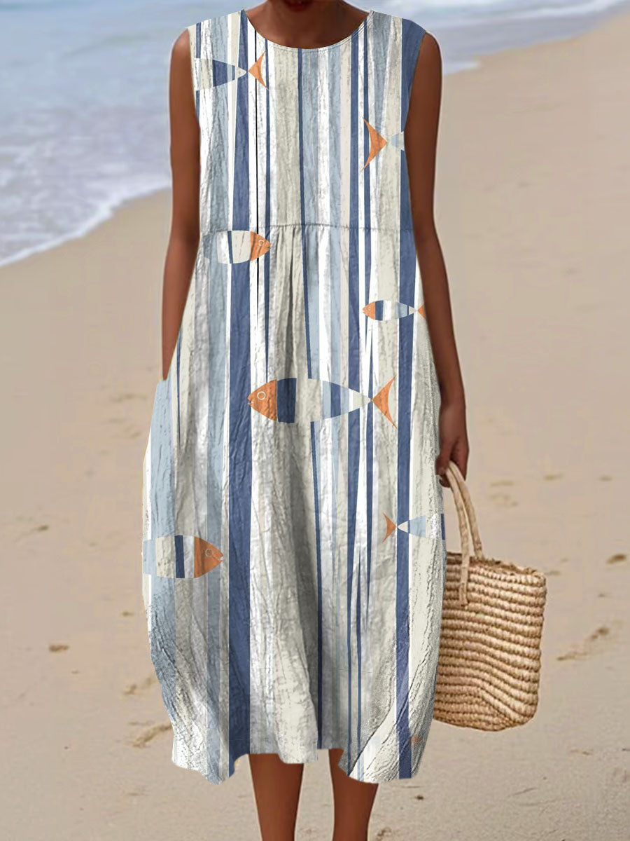 Women's Vintage Geometry Fish Art Print Sleeveless Cotton Pocket Wrap Dress