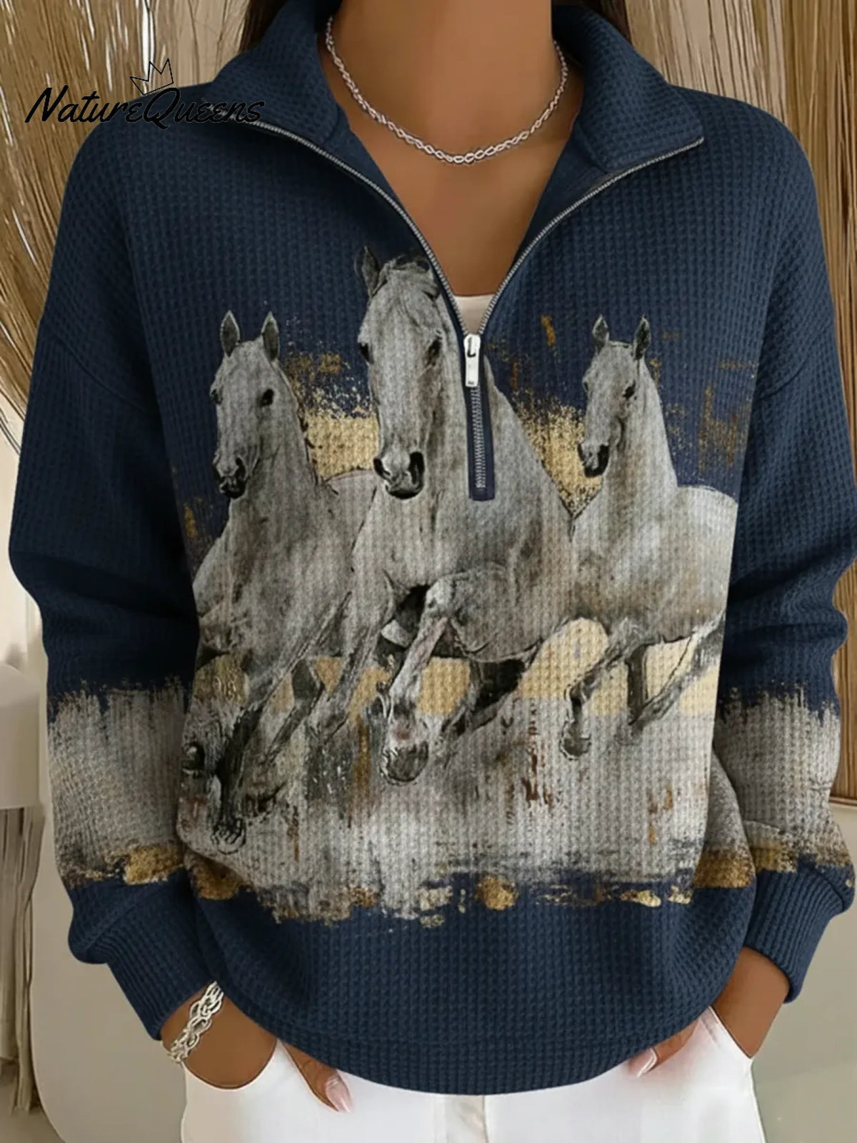 Retro Horse Racing Print Stand-collar Waffle Knit Sweatshirt
