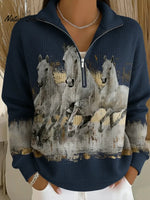 Retro Horse Racing Print Stand-collar Waffle Knit Sweatshirt