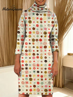 Women's Abstract Pattern Art Print Casual Turtleneck Cotton Knitted Sweater Dress