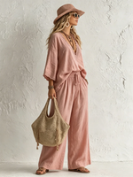 Boho Lace Trim V-neck Top With Wide-leg Pants Two-piece Set